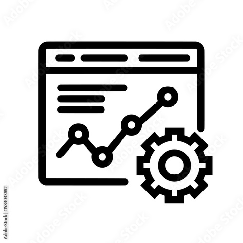 The illustration of a graph with data points in a browser window and a gear symbol is representative of analytics, optimization, and functionality, commonly used in the context of technology,