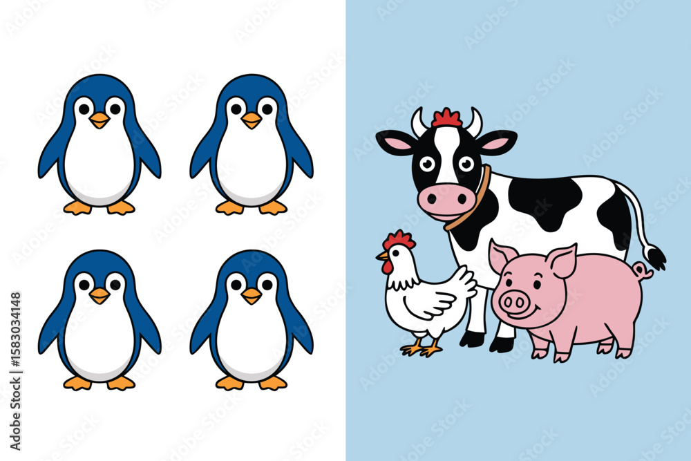 Fototapeta premium Cartoon Penguins, Cow, Chicken, and Pig Illustration on Split White and Light Blue Backgrounds