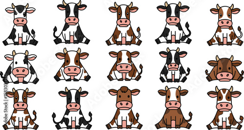 Collection of cute cartoon cows sitting down. Farm animals, livestock, dairy, agriculture, whimsical