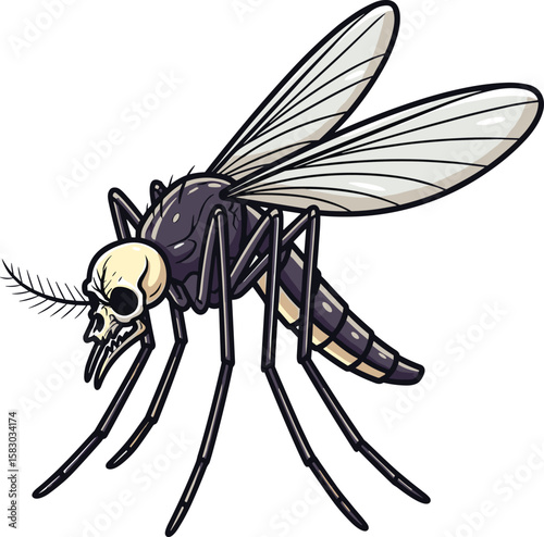 Cartoon mosquito with skull head threatens and lurks. Deadly insect, dangerous disease, macabre death, pest control