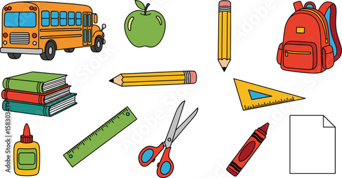 Back to school themed image showing school supplies. Educational items, studying, learning, school supplies, children, teaching, school, student, teacher
