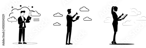 A professional is depicted using a tablet next to an approval gesture and stylized clouds, making it suitable for business, technology, data analysis, approvals, teamwork, cloud computing, and simple