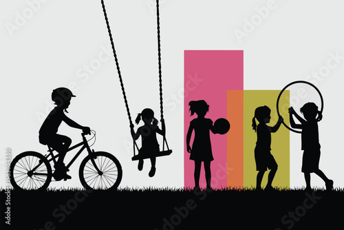 Children Silhouettes Playing Outdoors Biking, Swinging, Ball, and Hoop on Black Grass