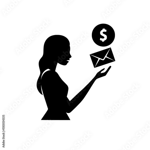 The representation of a woman passing an envelope, user profile icon, and dollar symbol conveys the ideas of communication, transactions, user interaction, collaboration, strategic business planning