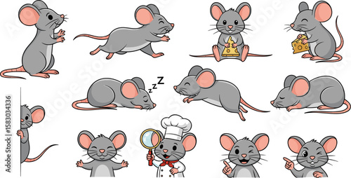 Cartoon mice in various poses and activities. Rodent characters, cute animals, design elements.