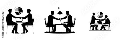 Two individuals exchanging handshakes, one of whom is seated and engaged in laptop work, accompanied by a pie chart projection emphasizing dollars, suitable for themes such as collaboration, data