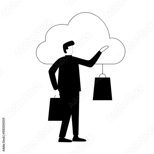 The image of a man pointing at a cloud with a shopping bag at his side symbolizes the intersection of cloud computing, e-commerce, and data storage, ideal for companies involved in technology,