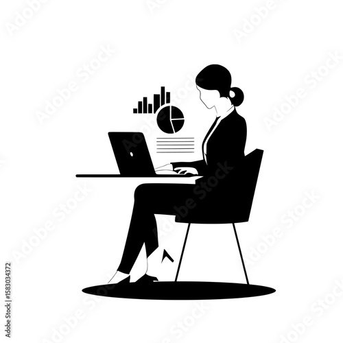 Someone working independently on a laptop, assessing data depicted in pie charts and diagrams, with a financial icon nearby, well-suited for business, finance, analytics, planning, research, and