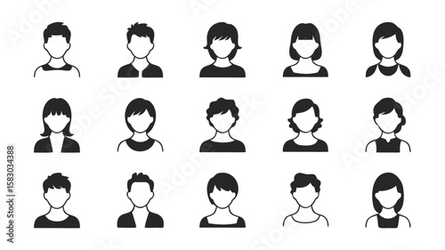 Collection of Black and White Simple Avatar People with Various Hairstyles and Outfits