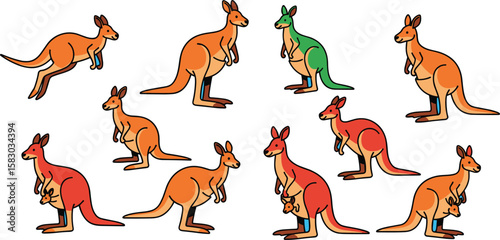 Kangaroo group poses with distinct colors. Wildlife, animal illustration, design, cartoon, nature, green, orange, red