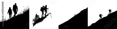This image depicts the silhouette of a couple hiking, highlighting their adventure as they trek up a mountain slope and explore the outdoors, presented in a modern clipart illustration style