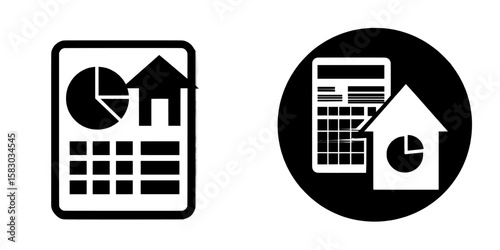 This flat design features a spreadsheet with a table layout, calculator buttons, a pie chart divided into four sections, and a house outline, making it ideal for finance, budgeting, analytics, and