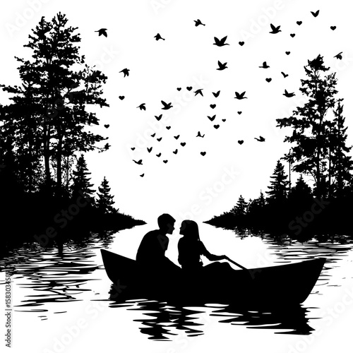 A modern clipart illustration features a couple in a boat, silhouetted against a breathtaking scenic view, symbolizing the unity and love they share