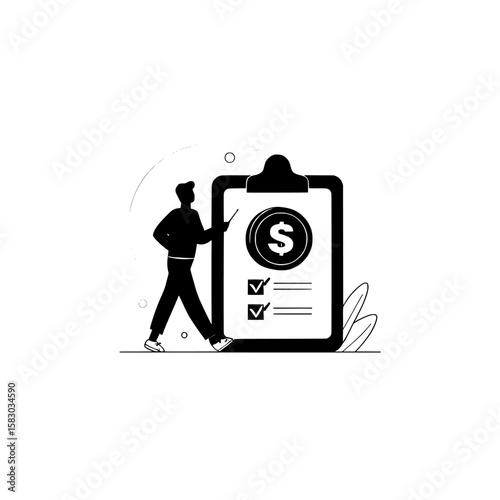 A simple landing page about finance, productivity, goal setting, planning, motivation, and organization can be represented by a dollar coin, a motivated person walking, and a task checklist held on a