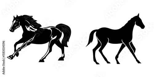 The image features a modern illustration of a black horse, isolated against a plain white background