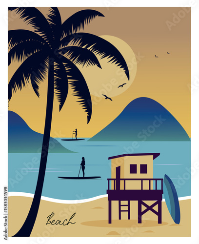 Tropical beach background with sup boards, people and Palms
