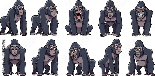 Cartoon gorillas display diverse expressions and poses. Animal characters, wildlife, primates, ape emotions and behaviors, cartoon illustration.