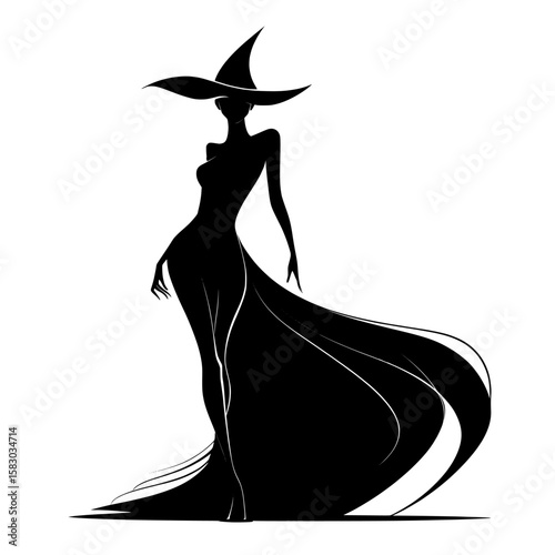 The silhouette of a pretty witch is showcased in this image, wearing a pointed hat and a flowing dress, symbolizing a mystical enchantress in a modern clipart design