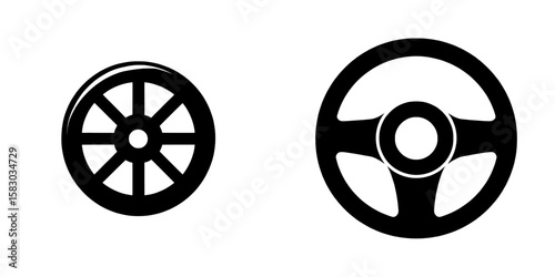 A simple icon of a black steering wheel set against a white background, ideal for design purposes