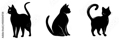 Modern illustration of a black cat standing upright with its tail raised, gazing to the left on a white background