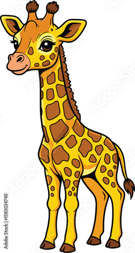 Cartoon giraffe stands tall and looks happy. Wildlife animal illustration with yellow and brown colors, safari