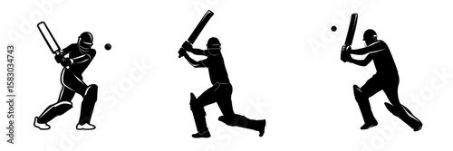 Modern illustration of a cricket player silhouette shows a batsman hitting the ball with sport equipment isolated on a white background
