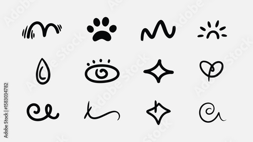 Collection of Simple Hand Drawn Black Doodle Paw vector Print, Eye, Star, Water Drop, and More