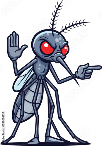 Cartoon mosquito gestures, looking angry. Disease vector, pest control, public health concern.