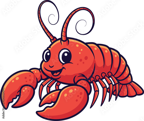 Cartoon lobster smiles with its claws forward. Happy seafood character, marine animal, crustacean creature, sea life.