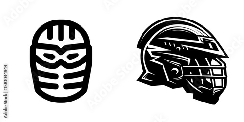 The illustration is a modern clipart design showing a hockey helmet silhouette with a face guard, also referred to as a mask, in black and white