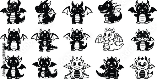 Collection of cute cartoon dragons poses in various positions. Fantasy creatures, mythical, fairytale, animal illustration, character design.