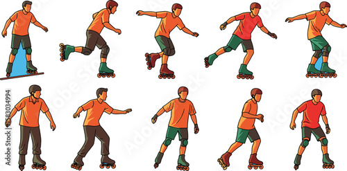 People wear roller skates in various action poses. Inline skating, rollerblading, fitness, activity, healthy lifestyle.