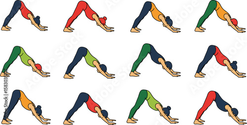 People perform downward dog yoga poses. Fitness, exercise, wellness, healthy lifestyle, flexibility, balance, strength.