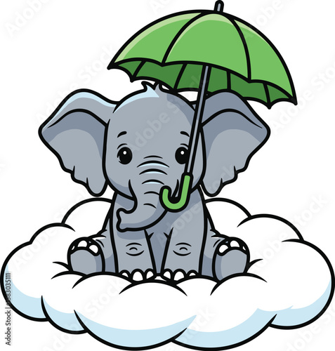 Cartoon elephant sits on cloud with umbrella. Whimsical art, cute animal, fantasy illustration, childlike imagination.