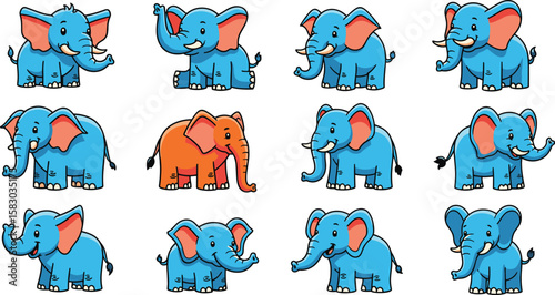 Cartoon elephants in bright blue background display one orange elephant. Cute animal illustration, vibrant backdrop, playful animal, colorful art