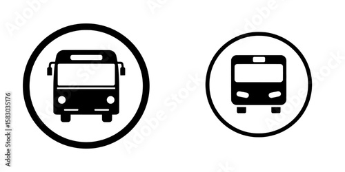 The bus icon is modern, and the modern icon is a bus, with a bus symbol and a bus stop sign symbol isolated on a white background