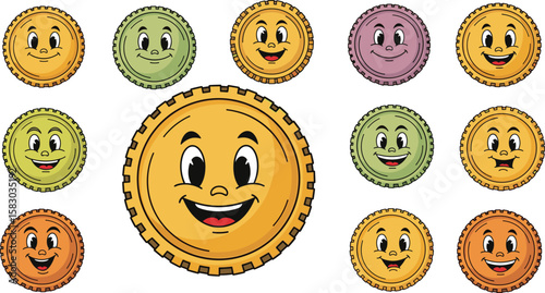 Animated coins with smiling faces shown in a group. Cartoon character, illustration, happy, money, face, gold, drawing, expression, coin collecting
