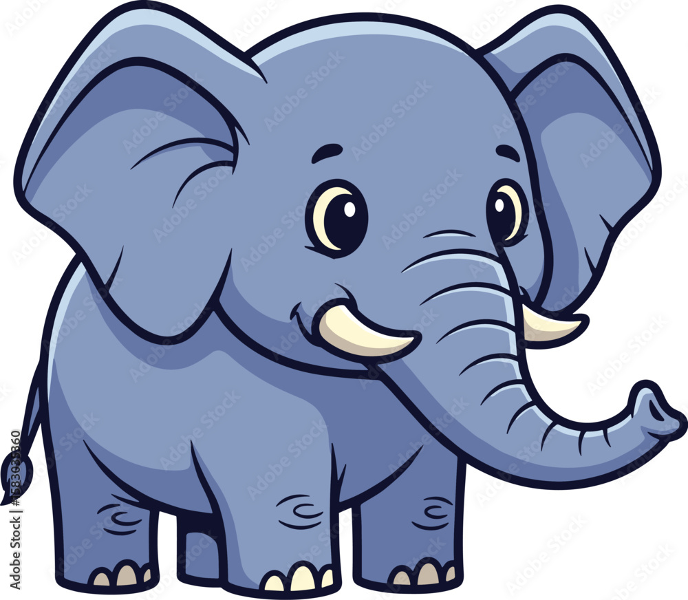 Fototapeta premium Cartoon elephant stands with curved trunk. Animal illustration, wildlife, cute, playful.