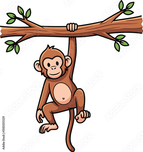 Cartoon monkey hangs from a tree branch. Cute primate, happy animal, playful illustration, jungle life.