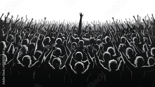Crowd Silhouette Raised Hands, Concert, Music Event, Spectators, Audience, Celebration, Monochrome Illustration