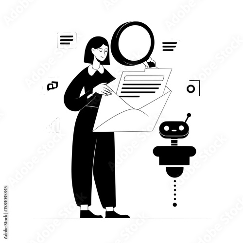 The image features a woman with an envelope containing notifications, a magnifying glass for scrutinizing data, and a robot handling financial tasks, which is perfect for representing communication,