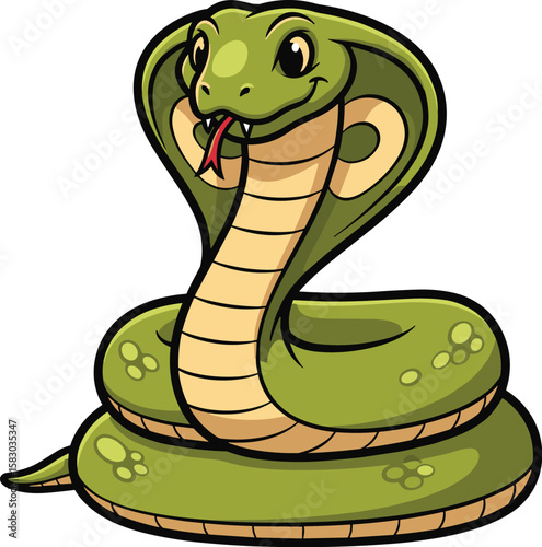 Cartoon cobra shows its hood and tongue. Illustration of a venomous snake, wildlife art.