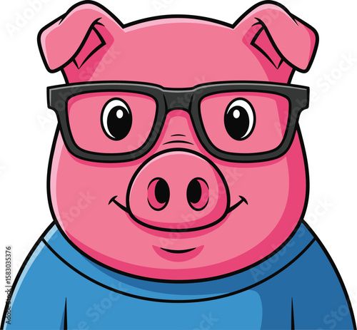 Cartoon Pig Character Wearing Glasses and a Blue Sweater — Cute Vector Mascot