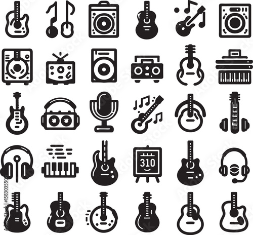 Black and white music icon set vector illustration with simple web elements