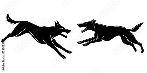 A modern black linear illustration featuring a dynamic dog silhouette in a jumping and running pose isolated on white with its mouth open to reveal sharp teeth