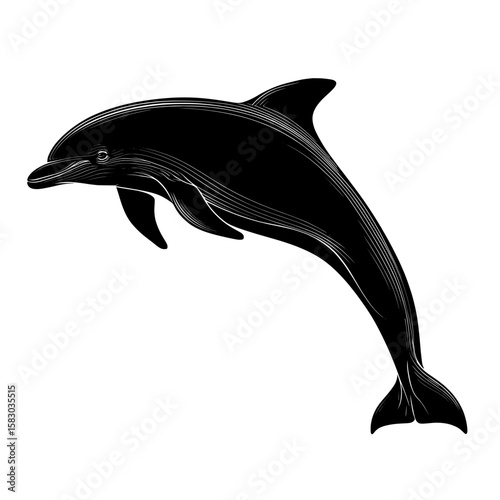 The dolphin's streamlined body and fins are showcased in a modern clipart illustration, presented as a black silhouette