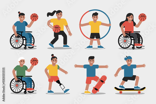 Diverse Group Engaging in Sports and Active Lifestyles Wheelchair Basketball, Skateboarding, Prosthetic Limb, and Exercise