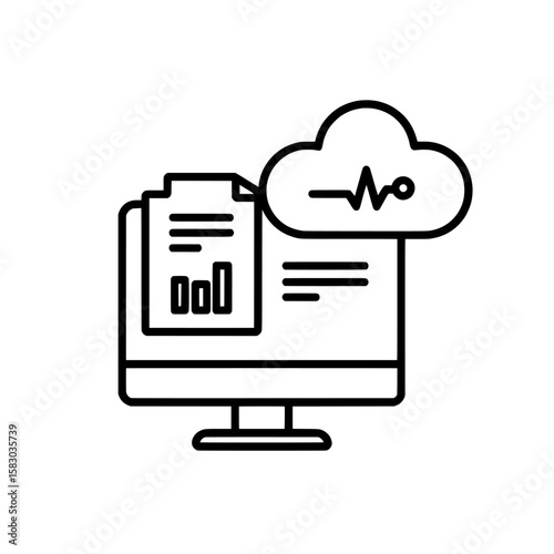 The image features a medical file with health data, a monitor showing analytics, and a cloud, ideal for applications in healthcare, technology, data storage, cloud integration, managing medical data