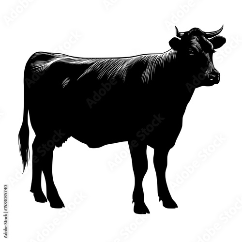 A modern clipart illustration design is used in this image to show cattle, referred to as livestock or bovines, in a black silhouette standing in profile