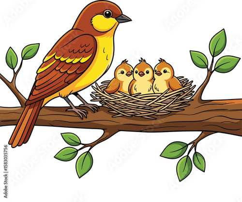 Bird feeds babies in nest on tree branch. Family, nature, spring, wildlife, parenthood, and new life concepts.